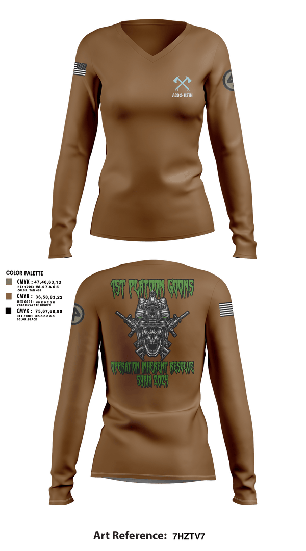 Women's Long Sleeve Vneck Shirt, A-CO 2-113th Infantry, Army, Teamtime, Team time, sublimation, custom sports apparel, team uniforms, spirit wear, spiritwear, sports uniforms, custom shirts, team store, custom team store, fundraiser sports, apparel fundraiser