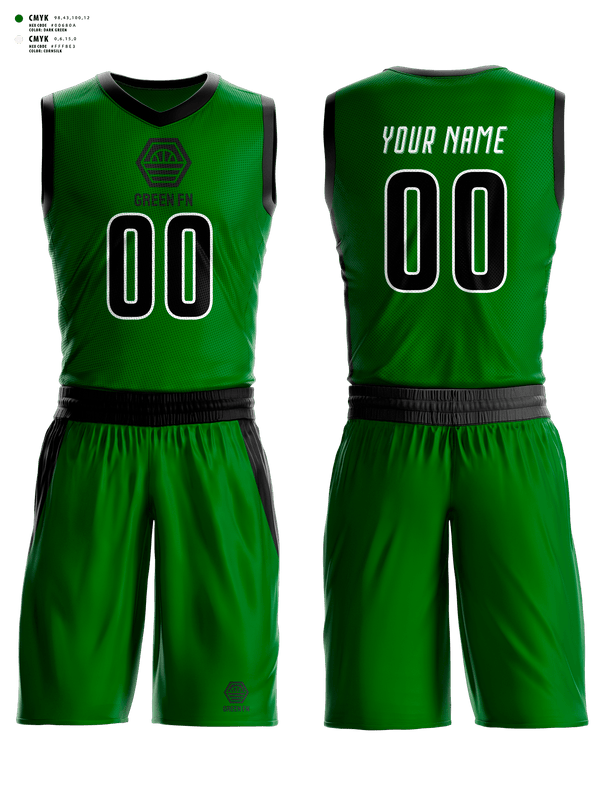 Basketball Uniform, Green fn, Men's Basketball, Teamtime, Team time, sublimation, custom sports apparel, team uniforms, spirit wear, spiritwear, sports uniforms, custom shirts, team store, custom team store, fundraiser sports, apparel fundraiser