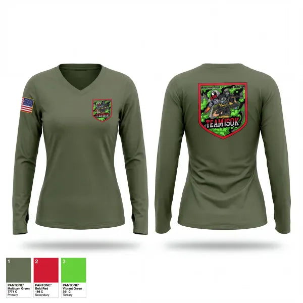 Womens Long Sleeve Vneck Shirt, 1SOK, Army, Teamtime, Team time, sublimation, custom sports apparel, team uniforms, spirit wear, spiritwear, sports uniforms, custom shirts, team store, custom team store, fundraiser sports, apparel fundraiser