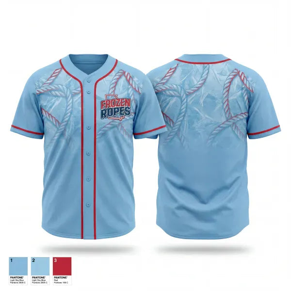 Full Button Baseball Jersey, Frozen Ropes, Baseball, Teamtime, Team time, sublimation, custom sports apparel, team uniforms, spirit wear, spiritwear, sports uniforms, custom shirts, team store, custom team store, fundraiser sports, apparel fundraiser
