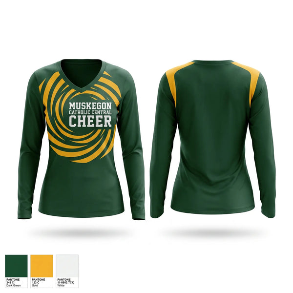 Womens Long Sleeve Vneck Shirt, Muskegon Catholic Central Cheer, Cheer, Teamtime, Team time, sublimation, custom sports apparel, team uniforms, spirit wear, spiritwear, sports uniforms, custom shirts, team store, custom team store, fundraiser sports, apparel fundraiser