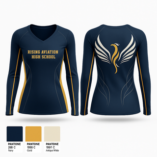 Womens Long Sleeve Vneck Shirt, Rising Aviation High School, Spirit Store, Teamtime, Team time, sublimation, custom sports apparel, team uniforms, spirit wear, spiritwear, sports uniforms, custom shirts, team store, custom team store, fundraiser sports, apparel fundraiser