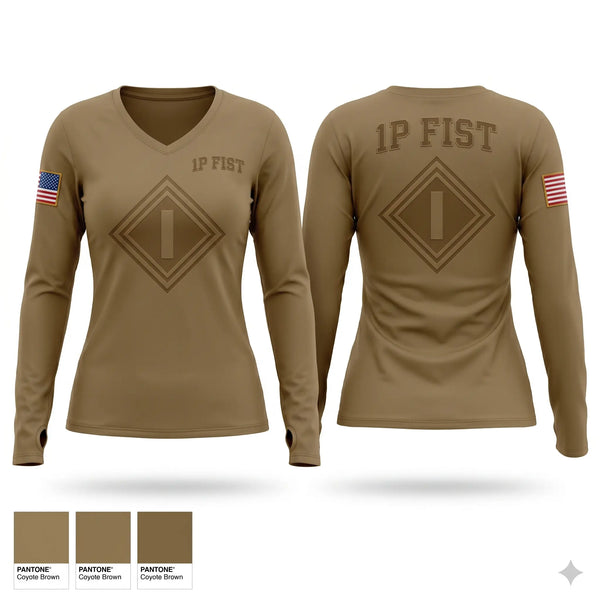 Womens Long Sleeve Vneck Shirt, 1P FIST, Army, Teamtime, Team time, sublimation, custom sports apparel, team uniforms, spirit wear, spiritwear, sports uniforms, custom shirts, team store, custom team store, fundraiser sports, apparel fundraiser