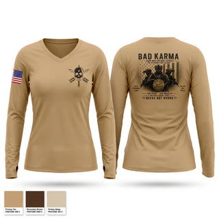 Womens Long Sleeve Vneck Shirt, Bad Karma, Army, Teamtime, Team time, sublimation, custom sports apparel, team uniforms, spirit wear, spiritwear, sports uniforms, custom shirts, team store, custom team store, fundraiser sports, apparel fundraiser