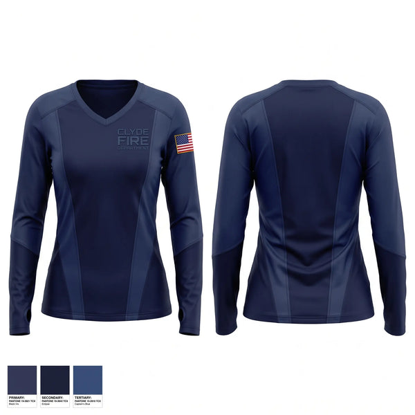 Womens Long Sleeve Vneck Shirt, Clyde fire department, Fire Department, Teamtime, Team time, sublimation, custom sports apparel, team uniforms, spirit wear, spiritwear, sports uniforms, custom shirts, team store, custom team store, fundraiser sports, apparel fundraiser
