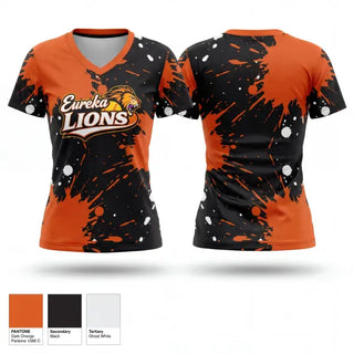 Womens Short Sleeve Vneck Shirt, Eureka Lions, Softball, Teamtime, Team time, sublimation, custom sports apparel, team uniforms, spirit wear, spiritwear, sports uniforms, custom shirts, team store, custom team store, fundraiser sports, apparel fundraiser