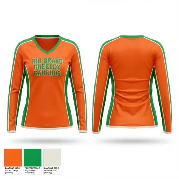 Womens Long Sleeve Vneck Shirt, Rio Bravo Greeley Gauchos, Women's Basketball, Teamtime, Team time, sublimation, custom sports apparel, team uniforms, spirit wear, spiritwear, sports uniforms, custom shirts, team store, custom team store, fundraiser sports, apparel fundraiser