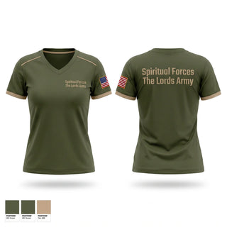 Womens Short Sleeve Vneck Shirt, Spiritual Forces The Lords Army, National Guard, Teamtime, Team time, sublimation, custom sports apparel, team uniforms, spirit wear, spiritwear, sports uniforms, custom shirts, team store, custom team store, fundraiser sports, apparel fundraiser