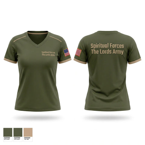 Womens Short Sleeve Vneck Shirt, Spiritual Forces The Lords Army, National Guard, Teamtime, Team time, sublimation, custom sports apparel, team uniforms, spirit wear, spiritwear, sports uniforms, custom shirts, team store, custom team store, fundraiser sports, apparel fundraiser