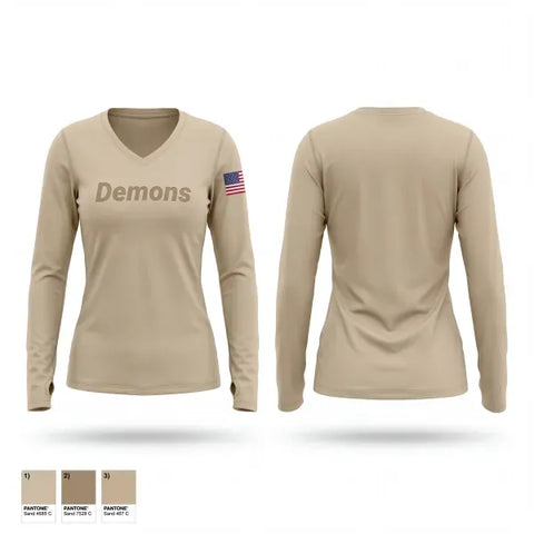 Womens Long Sleeve Vneck Shirt, Demons, Marines, Teamtime, Team time, sublimation, custom sports apparel, team uniforms, spirit wear, spiritwear, sports uniforms, custom shirts, team store, custom team store, fundraiser sports, apparel fundraiser