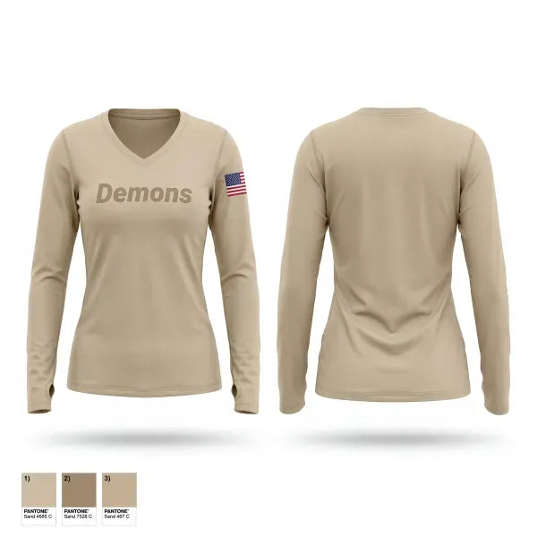 Womens Long Sleeve Vneck Shirt, Demons, Marines, Teamtime, Team time, sublimation, custom sports apparel, team uniforms, spirit wear, spiritwear, sports uniforms, custom shirts, team store, custom team store, fundraiser sports, apparel fundraiser