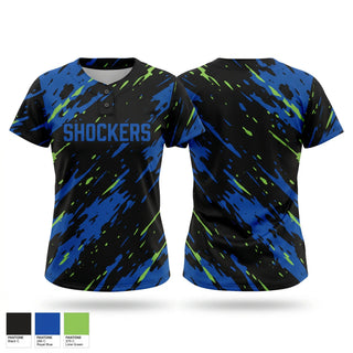 Two Button Softball Jersey, SHOCKERS, Softball, Teamtime, Team time, sublimation, custom sports apparel, team uniforms, spirit wear, spiritwear, sports uniforms, custom shirts, team store, custom team store, fundraiser sports, apparel fundraiser