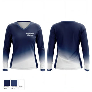 Womens Long Sleeve Vneck Shirt, Rising Tide Charter, Baseball, Teamtime, Team time, sublimation, custom sports apparel, team uniforms, spirit wear, spiritwear, sports uniforms, custom shirts, team store, custom team store, fundraiser sports, apparel fundraiser