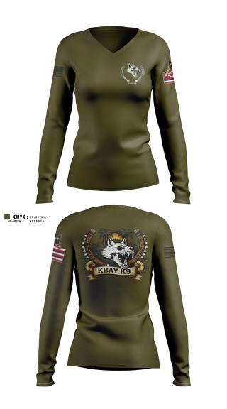 Womens Long Sleeve Vneck Shirt, MCBH PMO K9, Marines, Teamtime, Team time, sublimation, custom sports apparel, team uniforms, spirit wear, spiritwear, sports uniforms, custom shirts, team store, custom team store, fundraiser sports, apparel fundraiser