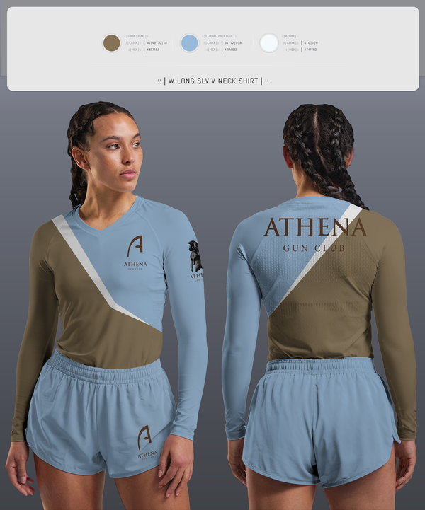 Womens Long Sleeve Vneck Shirt, Athena Gun Club, , Teamtime, Team time, sublimation, custom sports apparel, team uniforms, spirit wear, spiritwear, sports uniforms, custom shirts, team store, custom team store, fundraiser sports, apparel fundraiser