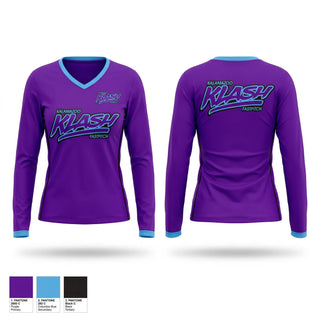 Womens Long Sleeve Vneck Shirt, Kalamazoo Klash, Softball, Teamtime, Team time, sublimation, custom sports apparel, team uniforms, spirit wear, spiritwear, sports uniforms, custom shirts, team store, custom team store, fundraiser sports, apparel fundraiser