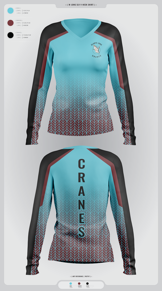 Womens Long Sleeve Vneck Shirt, Cranes, Spirit Store, Teamtime, Team time, sublimation, custom sports apparel, team uniforms, spirit wear, spiritwear, sports uniforms, custom shirts, team store, custom team store, fundraiser sports, apparel fundraiser