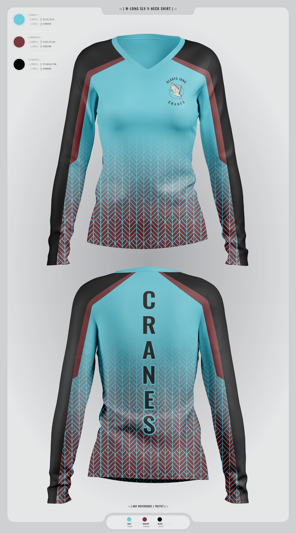 Womens Long Sleeve Vneck Shirt, Cranes, Spirit Store, Teamtime, Team time, sublimation, custom sports apparel, team uniforms, spirit wear, spiritwear, sports uniforms, custom shirts, team store, custom team store, fundraiser sports, apparel fundraiser