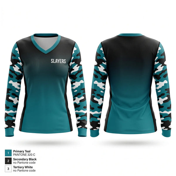 Womens Long Sleeve Vneck Shirt, Slayers, Softball, Teamtime, Team time, sublimation, custom sports apparel, team uniforms, spirit wear, spiritwear, sports uniforms, custom shirts, team store, custom team store, fundraiser sports, apparel fundraiser