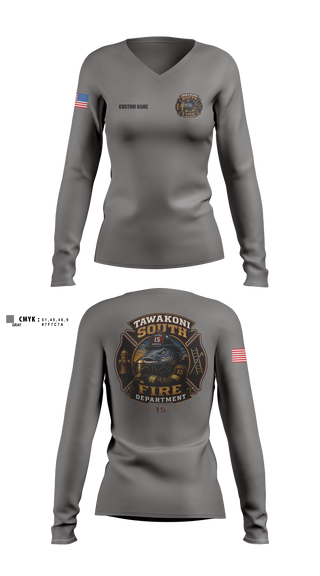 Womens Long Sleeve Vneck Shirt, Tawakoni South Volunteer Fire Department, Fire Department, Teamtime, Team time, sublimation, custom sports apparel, team uniforms, spirit wear, spiritwear, sports uniforms, custom shirts, team store, custom team store, fundraiser sports, apparel fundraiser