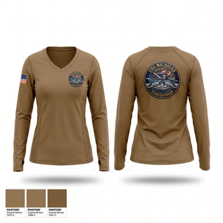 Womens Long Sleeve Vneck Shirt, USS Michigan TorpedoMan, Navy, Teamtime, Team time, sublimation, custom sports apparel, team uniforms, spirit wear, spiritwear, sports uniforms, custom shirts, team store, custom team store, fundraiser sports, apparel fundraiser
