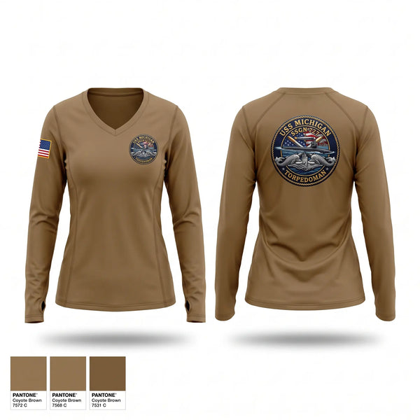 Womens Long Sleeve Vneck Shirt, USS Michigan TorpedoMan, Navy, Teamtime, Team time, sublimation, custom sports apparel, team uniforms, spirit wear, spiritwear, sports uniforms, custom shirts, team store, custom team store, fundraiser sports, apparel fundraiser