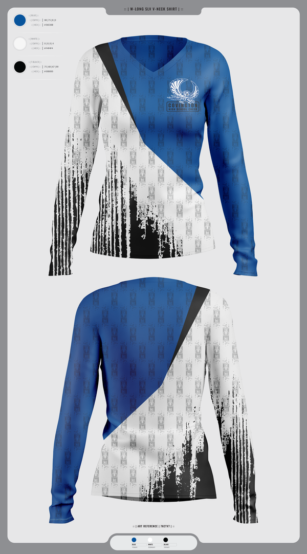 Womens Long Sleeve Vneck Shirt, Covington High School Cheer, Cheer, Teamtime, Team time, sublimation, custom sports apparel, team uniforms, spirit wear, spiritwear, sports uniforms, custom shirts, team store, custom team store, fundraiser sports, apparel fundraiser