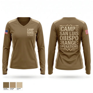 Womens Long Sleeve Vneck Shirt, Camp San Luis Obispo Range Operations, Army, Teamtime, Team time, sublimation, custom sports apparel, team uniforms, spirit wear, spiritwear, sports uniforms, custom shirts, team store, custom team store, fundraiser sports, apparel fundraiser