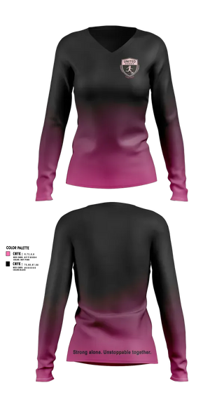 Womens Long Sleeve Vneck Shirt, United Donna, Women's Soccer, Teamtime, Team time, sublimation, custom sports apparel, team uniforms, spirit wear, spiritwear, sports uniforms, custom shirts, team store, custom team store, fundraiser sports, apparel fundraiser