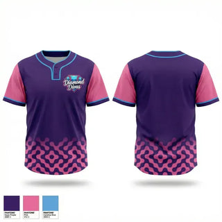 Two Button Softball Jersey, Diamond Divas, Softball, Teamtime, Team time, sublimation, custom sports apparel, team uniforms, spirit wear, spiritwear, sports uniforms, custom shirts, team store, custom team store, fundraiser sports, apparel fundraiser