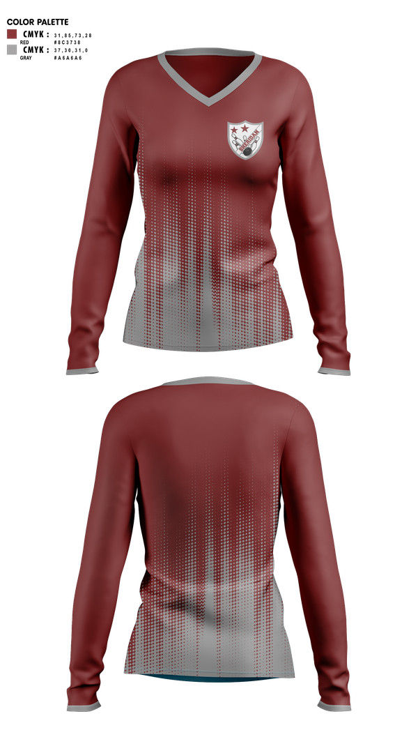 Womens Long Sleeve Vneck Shirt, Sheridan High School Bowling, Bowling, Teamtime, Team time, sublimation, custom sports apparel, team uniforms, spirit wear, spiritwear, sports uniforms, custom shirts, team store, custom team store, fundraiser sports, apparel fundraiser