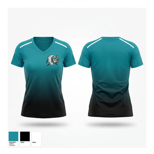 Womens Short Sleeve Vneck Shirt, Mendota Aztecs, Track & Field, Teamtime, Team time, sublimation, custom sports apparel, team uniforms, spirit wear, spiritwear, sports uniforms, custom shirts, team store, custom team store, fundraiser sports, apparel fundraiser