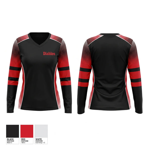 Womens Long Sleeve Vneck Shirt, Diablos, Baseball, Teamtime, Team time, sublimation, custom sports apparel, team uniforms, spirit wear, spiritwear, sports uniforms, custom shirts, team store, custom team store, fundraiser sports, apparel fundraiser