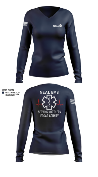 Womens Long Sleeve Vneck Shirt, NEAL EMS, EMS/EMT, Teamtime, Team time, sublimation, custom sports apparel, team uniforms, spirit wear, spiritwear, sports uniforms, custom shirts, team store, custom team store, fundraiser sports, apparel fundraiser