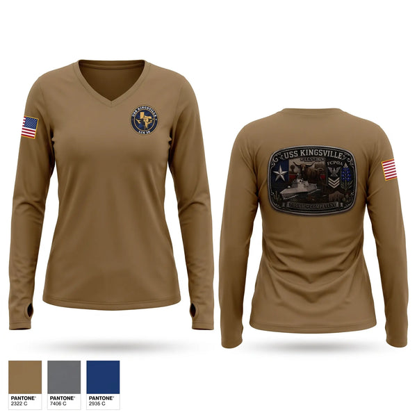 Womens Long Sleeve Vneck Shirt, USS KINGSVILLE LCS 36, Navy, Teamtime, Team time, sublimation, custom sports apparel, team uniforms, spirit wear, spiritwear, sports uniforms, custom shirts, team store, custom team store, fundraiser sports, apparel fundraiser