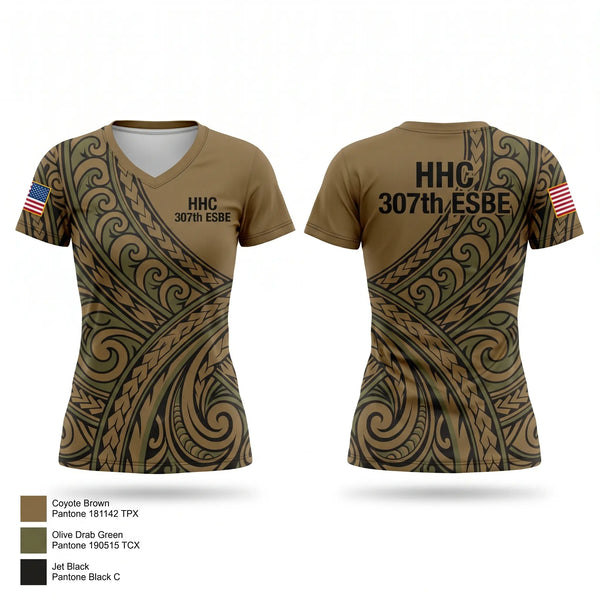 Womens Short Sleeve Vneck Shirt, HHC, 307th ESB-E, Army, Teamtime, Team time, sublimation, custom sports apparel, team uniforms, spirit wear, spiritwear, sports uniforms, custom shirts, team store, custom team store, fundraiser sports, apparel fundraiser