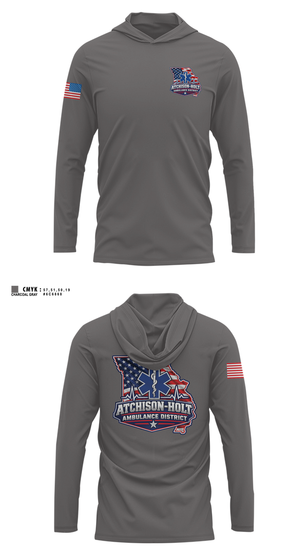 Long Sleeve hooded sunshirt, Atchison Holt Ambulance District, EMS/EMT, Teamtime, Team time, sublimation, custom sports apparel, team uniforms, spirit wear, spiritwear, sports uniforms, custom shirts, team store, custom team store, fundraiser sports, apparel fundraiser