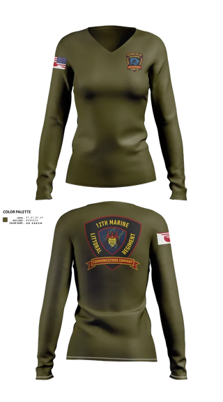 Womens Long Sleeve Vneck Shirt, 12th MLR Headquarters Element, Marines, Teamtime, Team time, sublimation, custom sports apparel, team uniforms, spirit wear, spiritwear, sports uniforms, custom shirts, team store, custom team store, fundraiser sports, apparel fundraiser