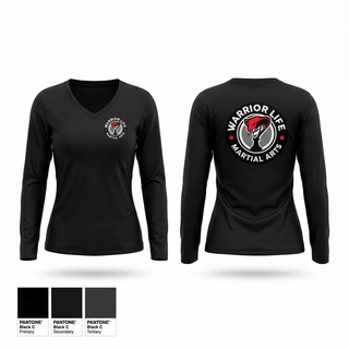Womens Long Sleeve Vneck Shirt, Warrior Life Martial Arts, Wrestling, Teamtime, Team time, sublimation, custom sports apparel, team uniforms, spirit wear, spiritwear, sports uniforms, custom shirts, team store, custom team store, fundraiser sports, apparel fundraiser
