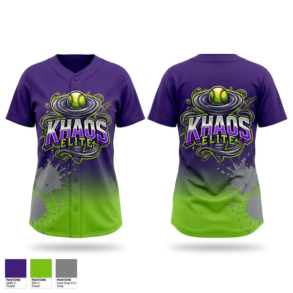 Two Button Softball Jersey, Khaos Elite, Softball, Teamtime, Team time, sublimation, custom sports apparel, team uniforms, spirit wear, spiritwear, sports uniforms, custom shirts, team store, custom team store, fundraiser sports, apparel fundraiser