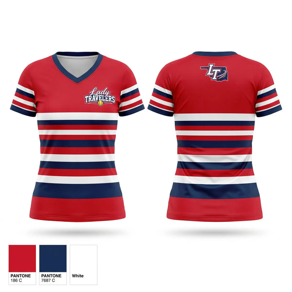 Womens Short Sleeve Vneck Shirt, Lady Travelers, Softball, Teamtime, Team time, sublimation, custom sports apparel, team uniforms, spirit wear, spiritwear, sports uniforms, custom shirts, team store, custom team store, fundraiser sports, apparel fundraiser