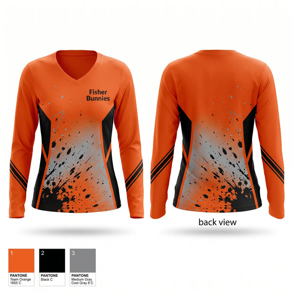 Womens Long Sleeve Vneck Shirt, Fisher Bunnies, Cross Country, Teamtime, Team time, sublimation, custom sports apparel, team uniforms, spirit wear, spiritwear, sports uniforms, custom shirts, team store, custom team store, fundraiser sports, apparel fundraiser
