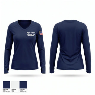 Womens Long Sleeve Vneck Shirt, Pipe Creek Volunteer Fire Department, Fire Department, Teamtime, Team time, sublimation, custom sports apparel, team uniforms, spirit wear, spiritwear, sports uniforms, custom shirts, team store, custom team store, fundraiser sports, apparel fundraiser
