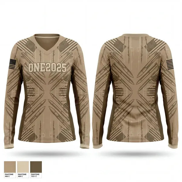 Womens Long Sleeve Vneck Shirt, ONE2025, Army, Teamtime, Team time, sublimation, custom sports apparel, team uniforms, spirit wear, spiritwear, sports uniforms, custom shirts, team store, custom team store, fundraiser sports, apparel fundraiser
