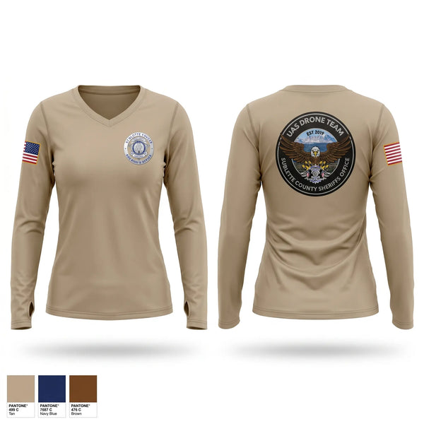 Womens Long Sleeve Vneck Shirt, Sublette County Sheriff's Office Drone Unit, Police, Teamtime, Team time, sublimation, custom sports apparel, team uniforms, spirit wear, spiritwear, sports uniforms, custom shirts, team store, custom team store, fundraiser sports, apparel fundraiser