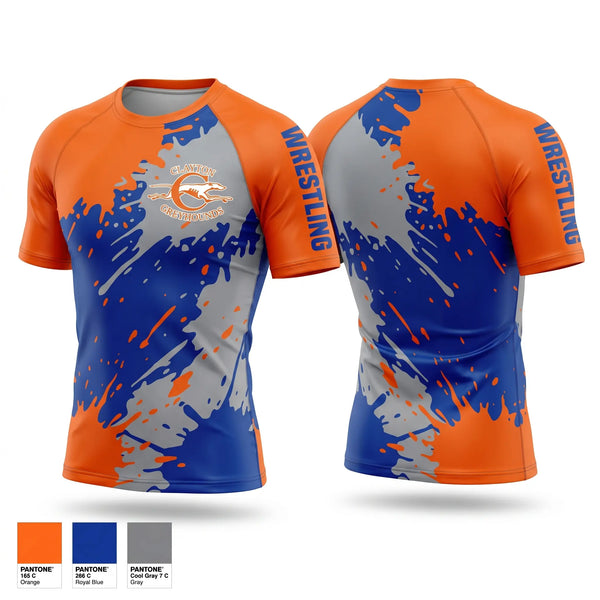Short Sleeve Rash Guard Shirt, Clayton High School Wrestling, Wrestling, Teamtime, Team time, sublimation, custom sports apparel, team uniforms, spirit wear, spiritwear, sports uniforms, custom shirts, team store, custom team store, fundraiser sports, apparel fundraiser