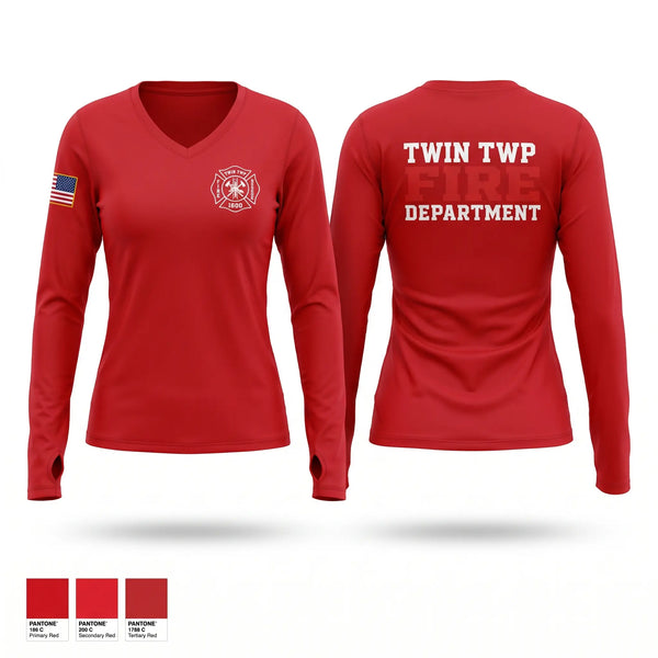 Womens Long Sleeve Vneck Shirt, Twin Township, Fire Department, Teamtime, Team time, sublimation, custom sports apparel, team uniforms, spirit wear, spiritwear, sports uniforms, custom shirts, team store, custom team store, fundraiser sports, apparel fundraiser