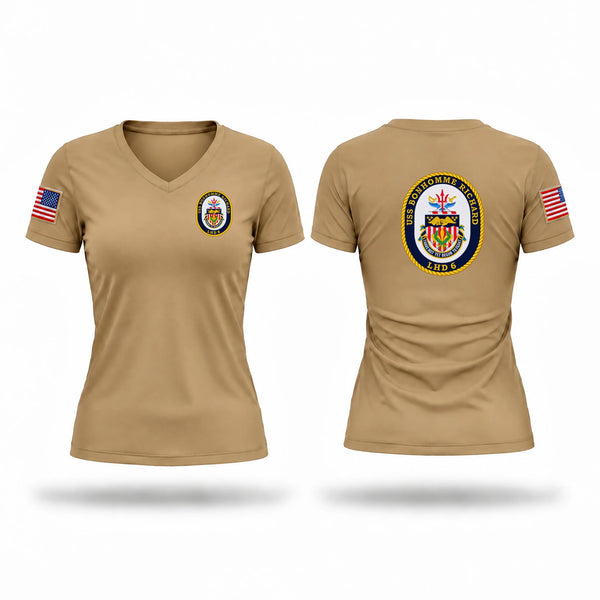 Womens Short Sleeve Vneck Shirt, USS BONHOMME RICHARD LHD-6, Navy, Teamtime, Team time, sublimation, custom sports apparel, team uniforms, spirit wear, spiritwear, sports uniforms, custom shirts, team store, custom team store, fundraiser sports, apparel fundraiser