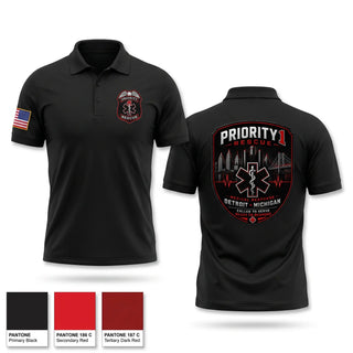 Short Sleeve Performance Polo, Priority 1 Rescue, EMS/EMT, Teamtime, Team time, sublimation, custom sports apparel, team uniforms, spirit wear, spiritwear, sports uniforms, custom shirts, team store, custom team store, fundraiser sports, apparel fundraiser