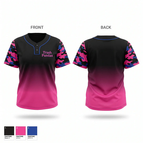 Two Button Softball Jersey, Trash Pandas, Softball, Teamtime, Team time, sublimation, custom sports apparel, team uniforms, spirit wear, spiritwear, sports uniforms, custom shirts, team store, custom team store, fundraiser sports, apparel fundraiser